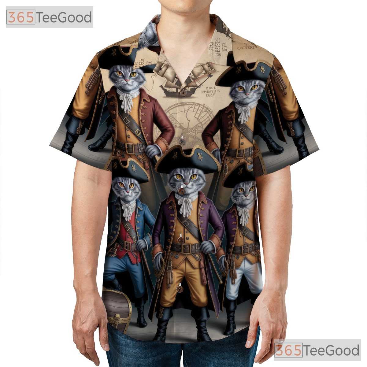 Nautical Map Pirate Cat Hawaiian Shirt- Unisex Steampunk Feline Vacation Top