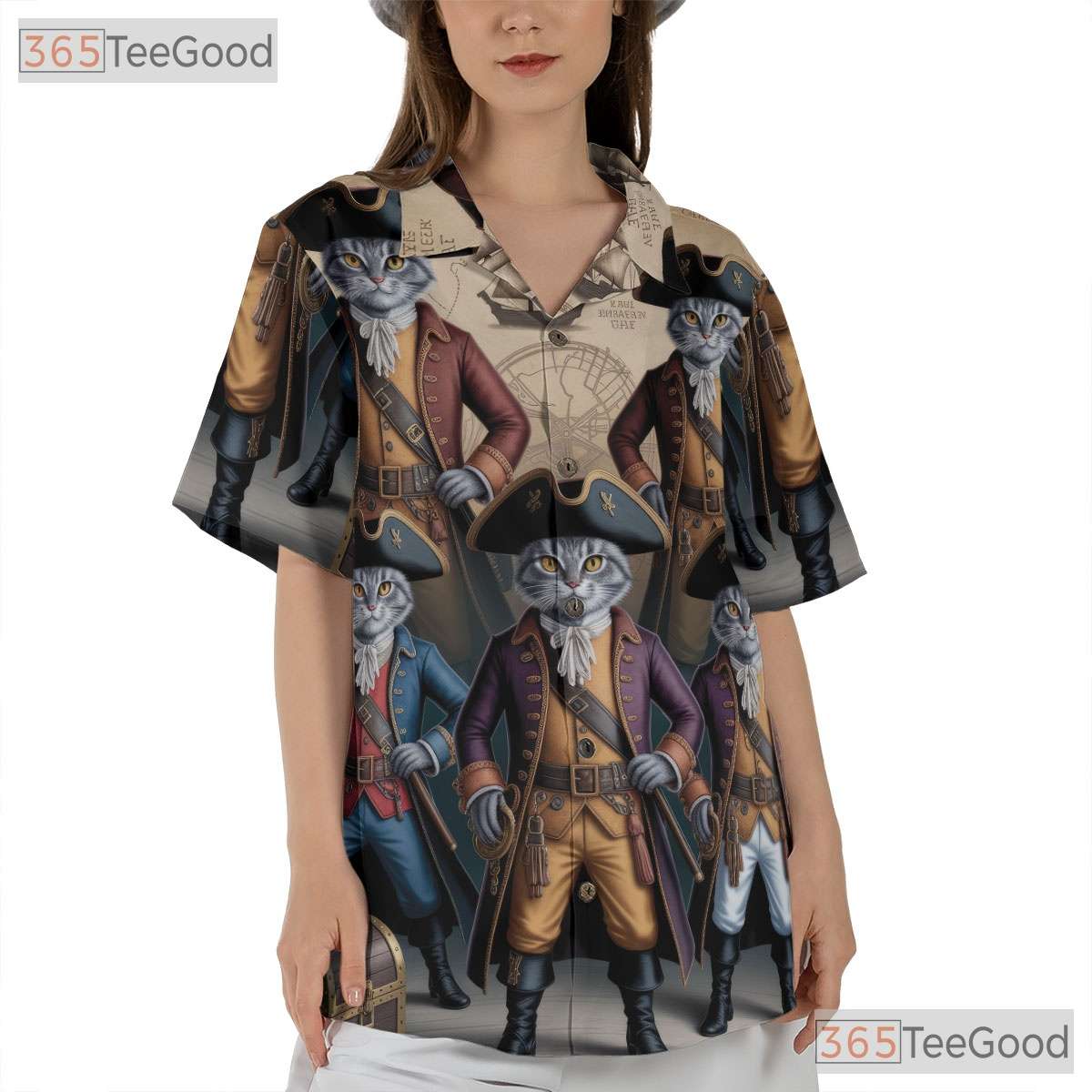 Nautical Map Pirate Cat Hawaiian Shirt- Unisex Steampunk Feline Vacation Top