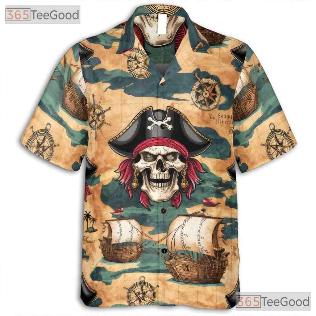 Nautical Pirate Ship Hawaiian Tee - Men's Skull Pattern Beachwear Shirt