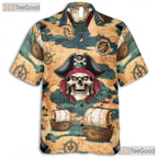 Nautical Pirate Ship Hawaiian Tee - Men's Skull Pattern Beachwear Shirt