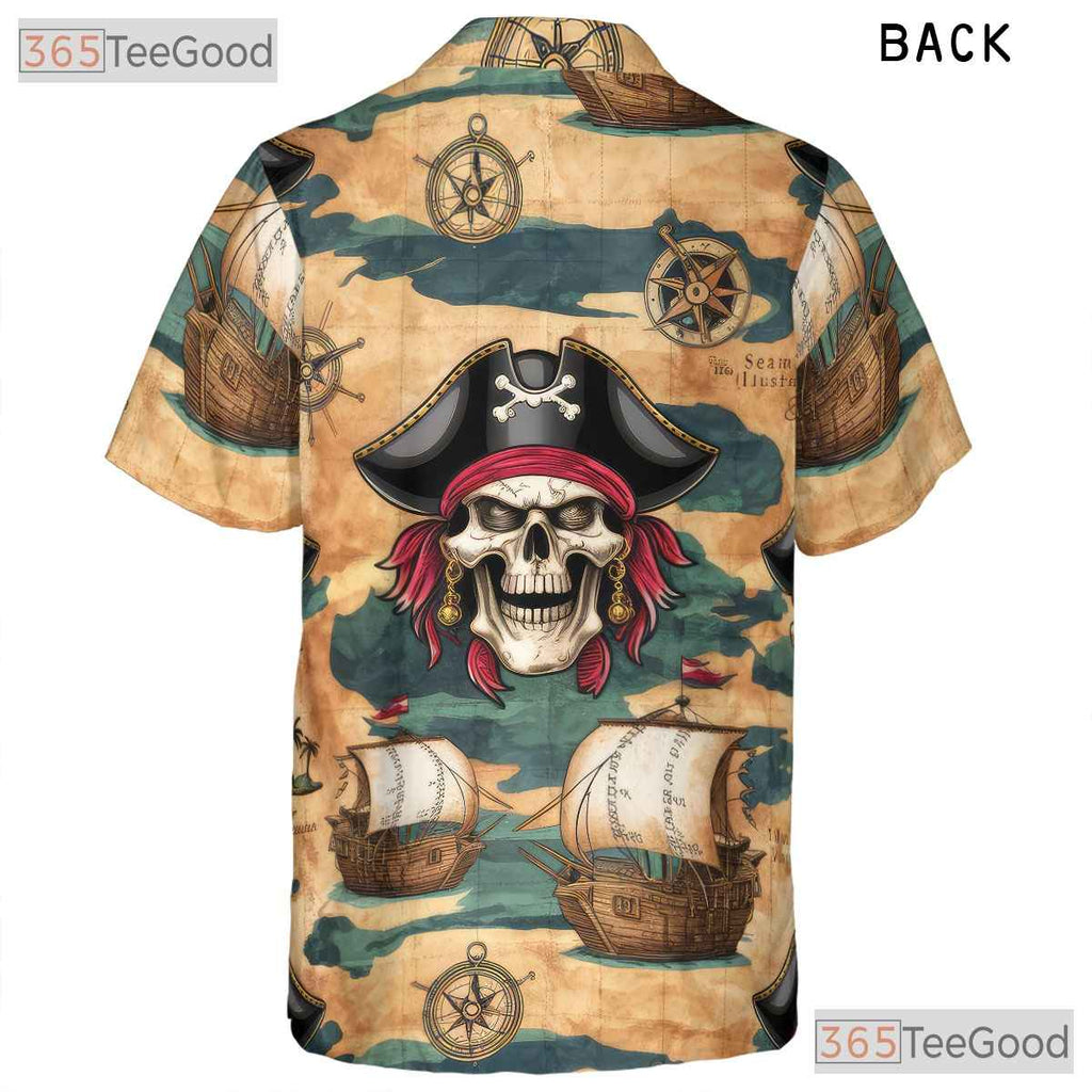 Nautical Pirate Ship Hawaiian Tee - Men's Skull Pattern Beachwear Shirt