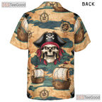 Nautical Pirate Ship Hawaiian Tee - Men's Skull Pattern Beachwear Shirt