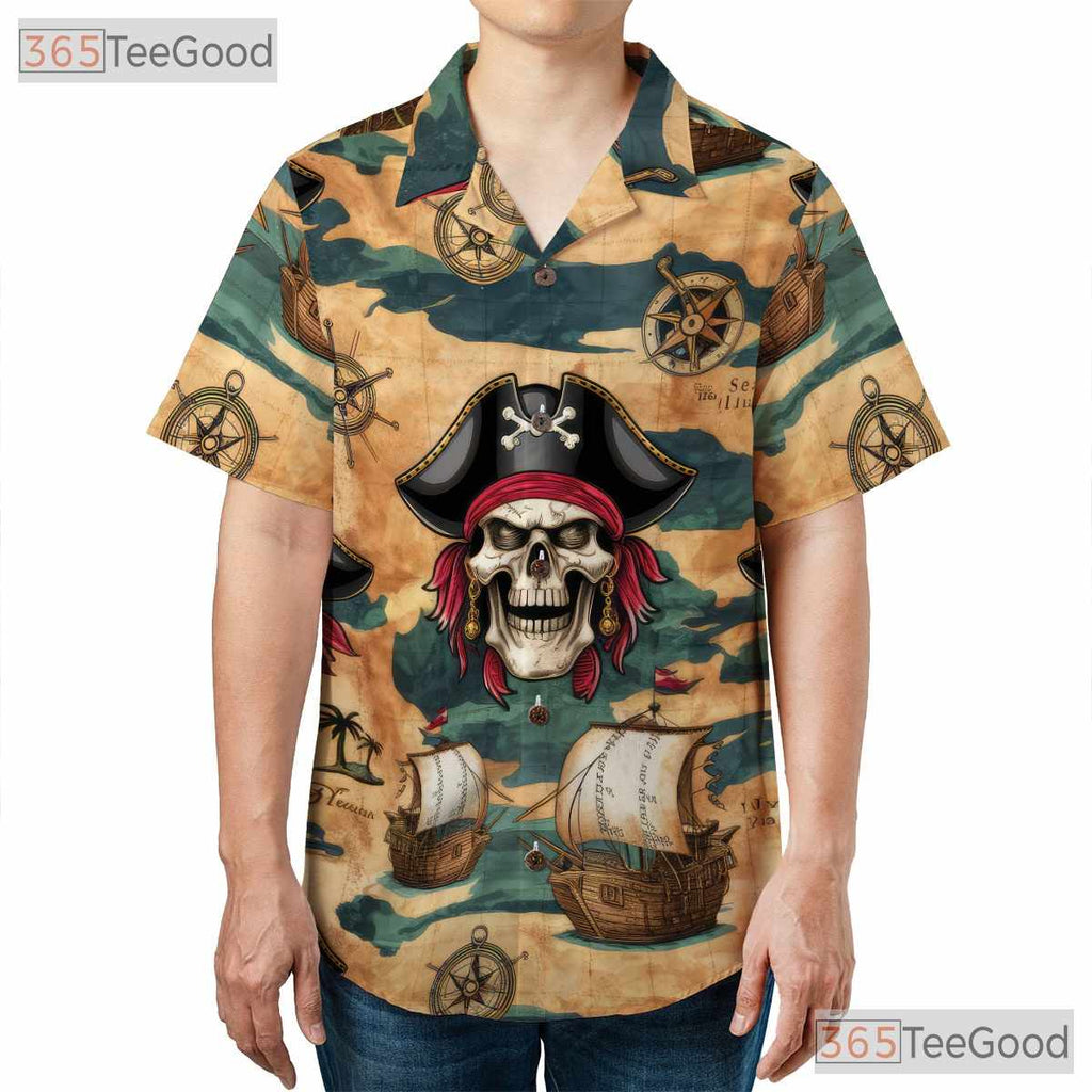 Nautical Pirate Ship Hawaiian Tee - Men's Skull Pattern Beachwear Shirt