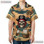 Nautical Pirate Ship Hawaiian Tee - Men's Skull Pattern Beachwear Shirt