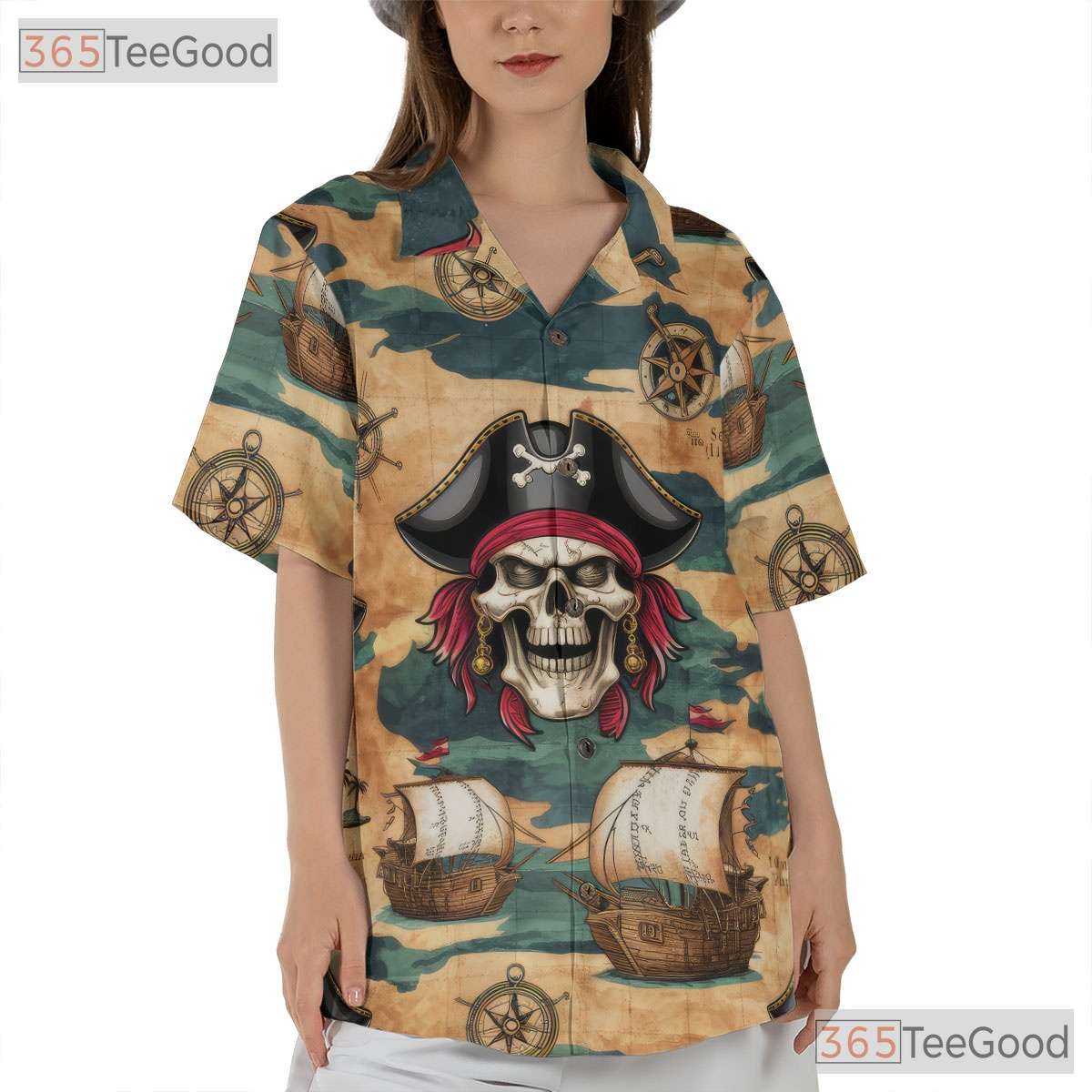 Nautical Pirate Ship Hawaiian Tee - Men's Skull Pattern Beachwear Shirt