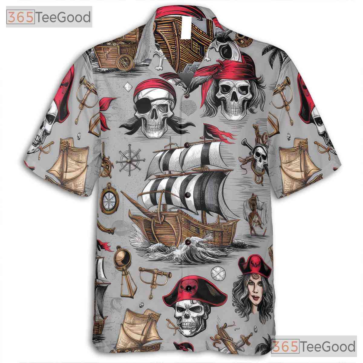 Nautical Pirate Skull Vintage Treasure Map Design Hawaiian Shirt Unisex Top