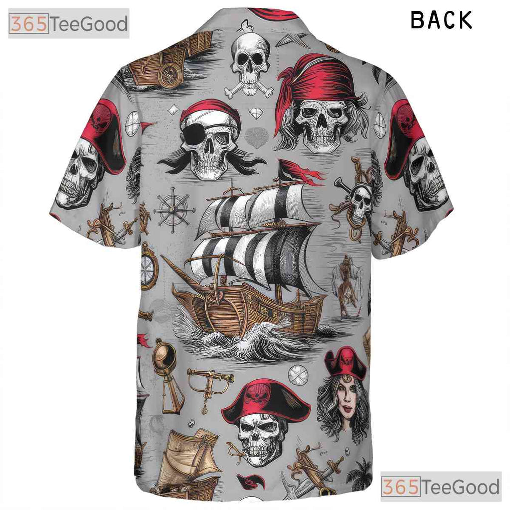 Nautical Pirate Skull Vintage Treasure Map Design Hawaiian Shirt Unisex Top