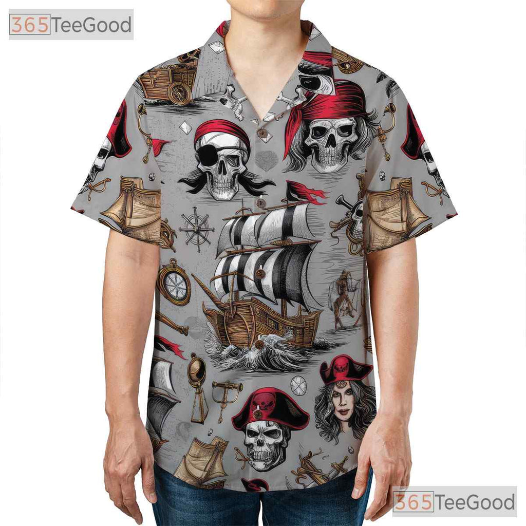 Nautical Pirate Skull Vintage Treasure Map Design Hawaiian Shirt Unisex Top