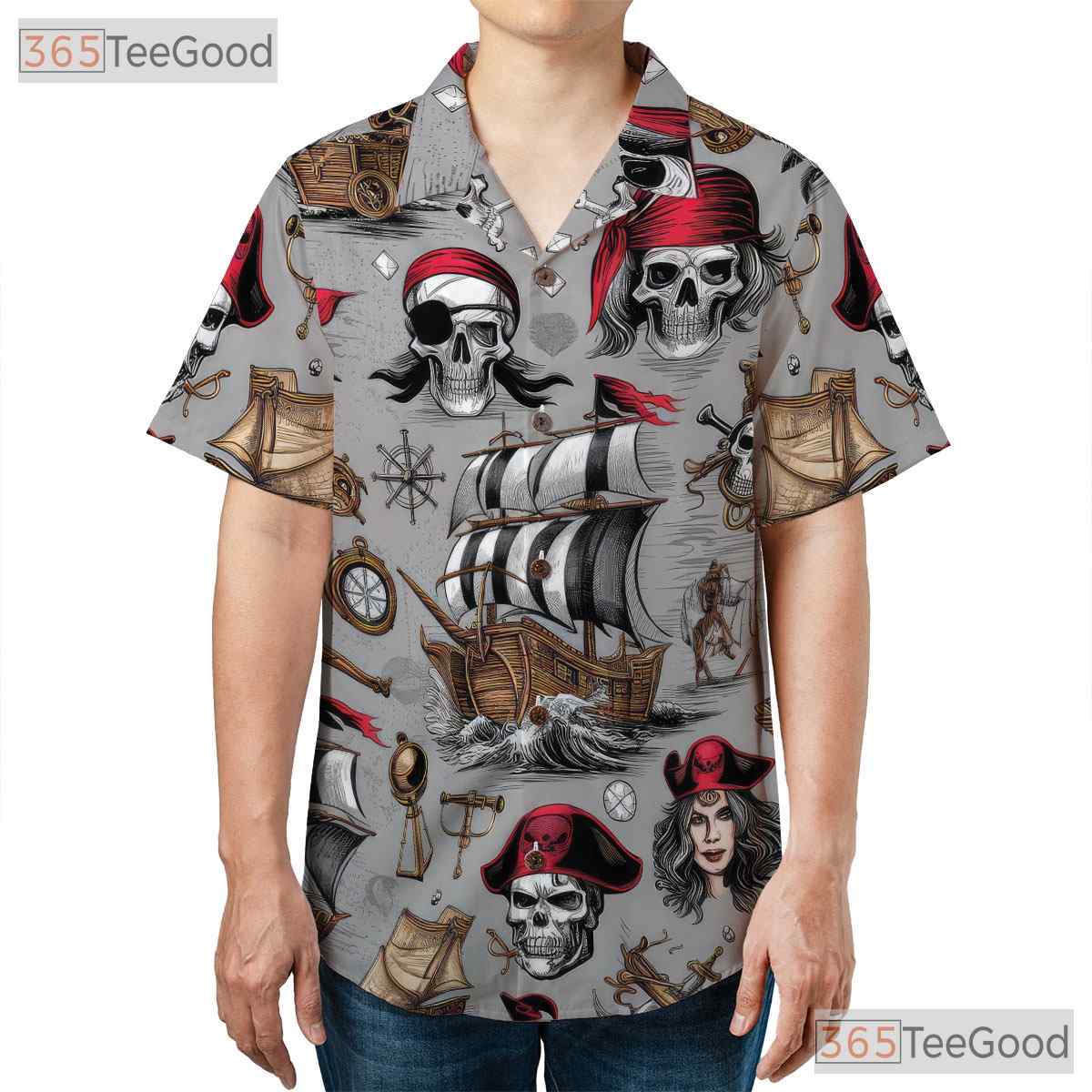 Nautical Pirate Skull Vintage Treasure Map Design Hawaiian Shirt Unisex Top