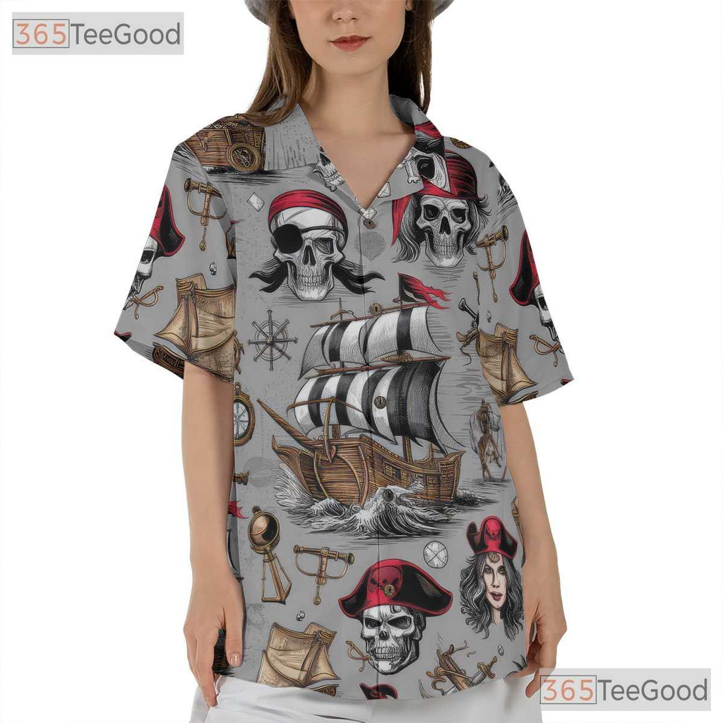 Nautical Pirate Skull Vintage Treasure Map Design Hawaiian Shirt Unisex Top