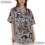 Nautical Pirate Skull Vintage Treasure Map Design Hawaiian Shirt Unisex Top