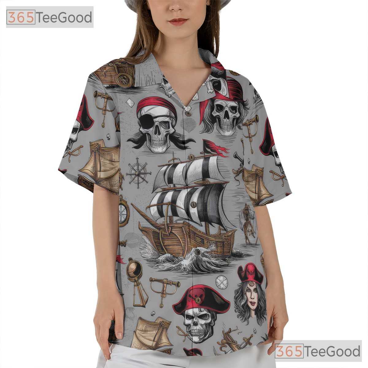 Nautical Pirate Skull Vintage Treasure Map Design Hawaiian Shirt Unisex Top