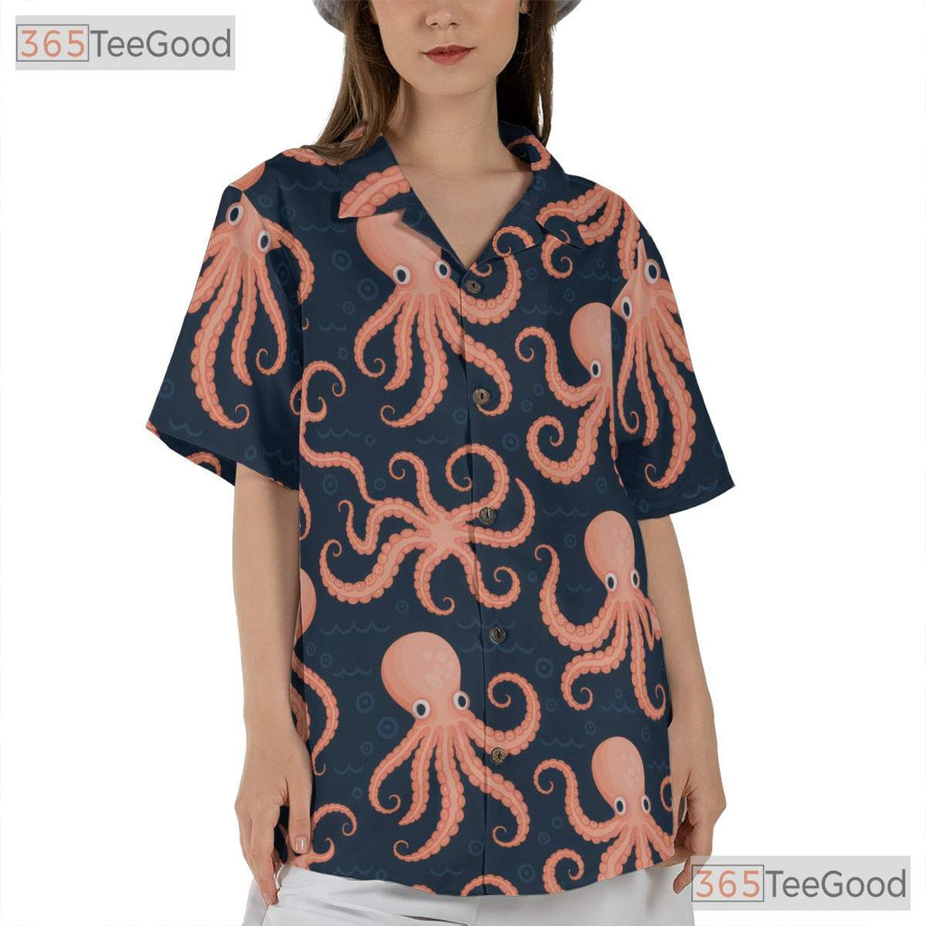 Navy Blue Ocean Octopus Hawaiian Shirt- Unisex Vintage Coastal Beachwear Tee