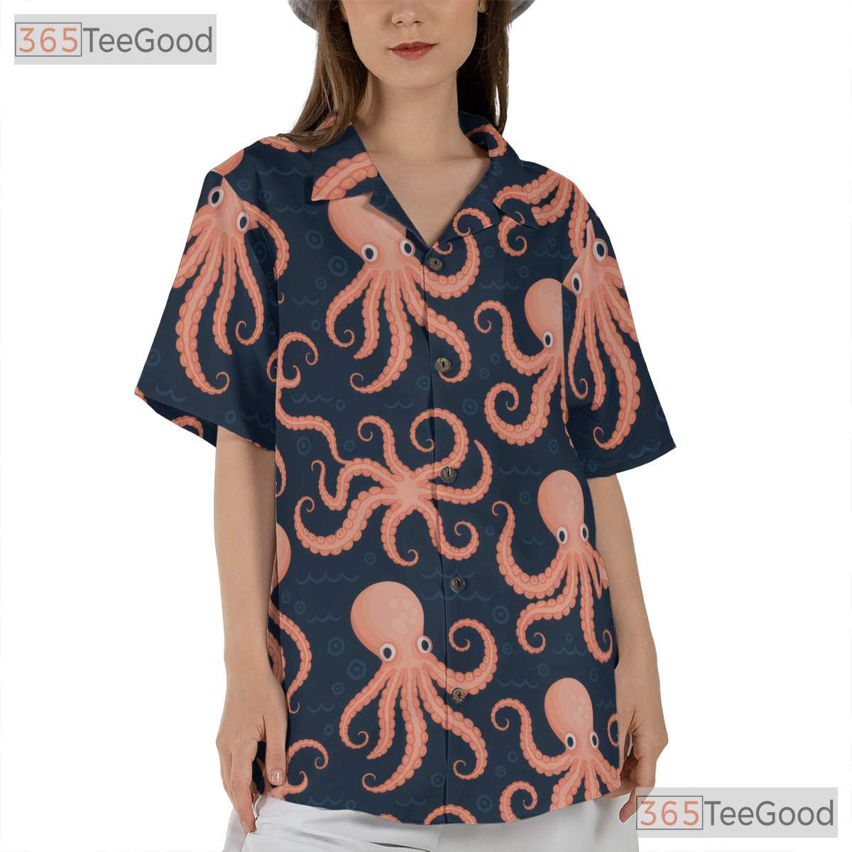 Navy Blue Ocean Octopus Hawaiian Shirt- Unisex Vintage Coastal Beachwear Tee