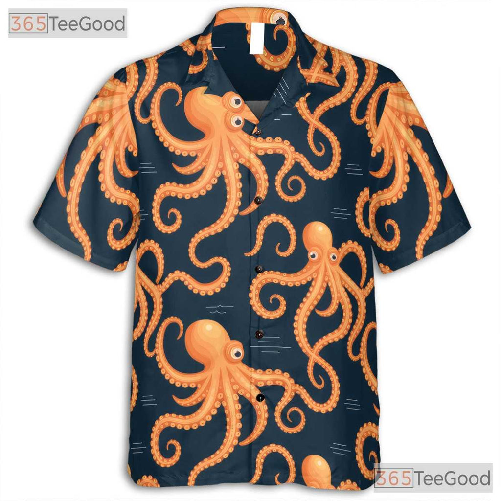 Navy Blue Orange Ocean Theme Octopus Pattern Hawaiian Shirt Men Women Outfit