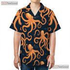 Navy Blue Orange Ocean Theme Octopus Pattern Hawaiian Shirt Men Women Outfit