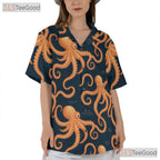 Navy Blue Orange Ocean Theme Octopus Pattern Hawaiian Shirt Men Women Outfit