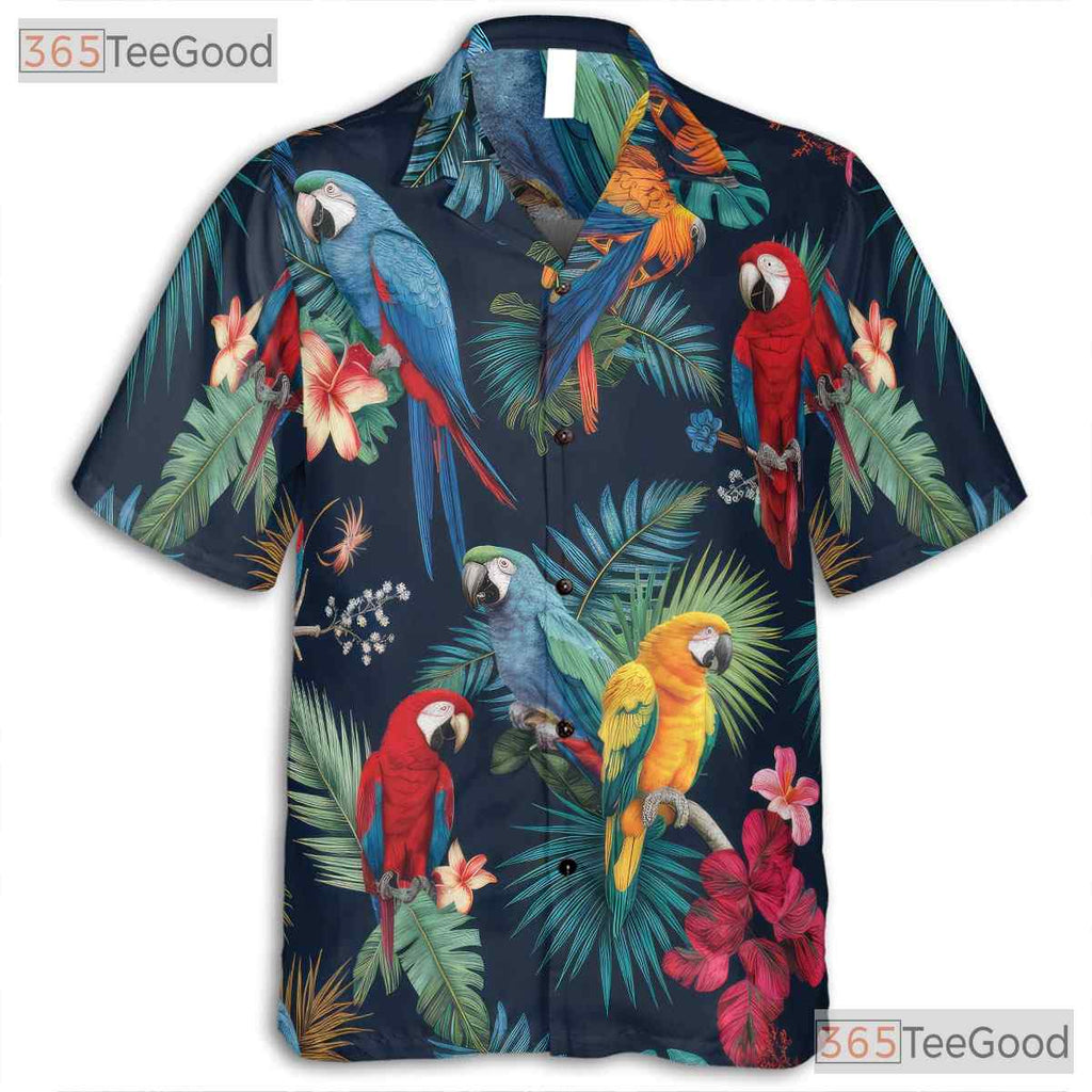 Navy Blue Tropical Flowers Colorful Parrot Hawaiian Tee Men Women Aloha Top