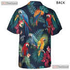 Navy Blue Tropical Flowers Colorful Parrot Hawaiian Tee Men Women Aloha Top