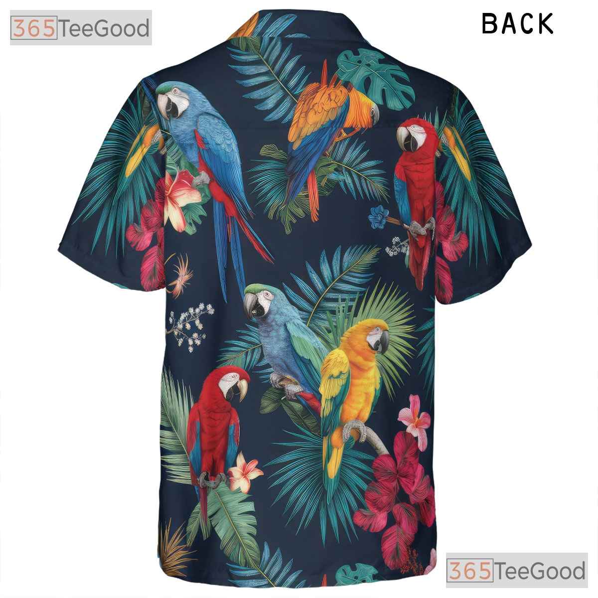 Navy Blue Tropical Flowers Colorful Parrot Hawaiian Tee Men Women Aloha Top