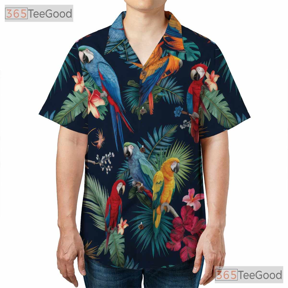 Navy Blue Tropical Flowers Colorful Parrot Hawaiian Tee Men Women Aloha Top