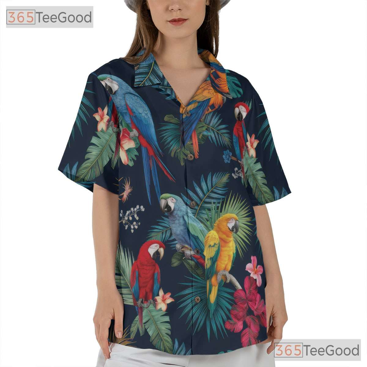 Navy Blue Tropical Flowers Colorful Parrot Hawaiian Tee Men Women Aloha Top