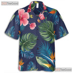 Navy Blue Tropical Hibiscus Monstera Aloha Hawaiian Shirt Men Women Vacation Top