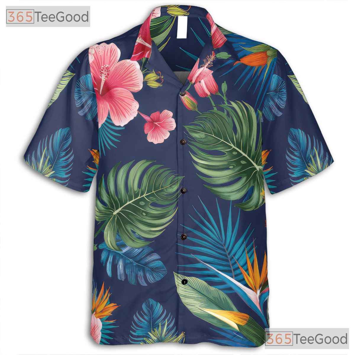 Navy Blue Tropical Hibiscus Monstera Aloha Hawaiian Shirt Men Women Vacation Top