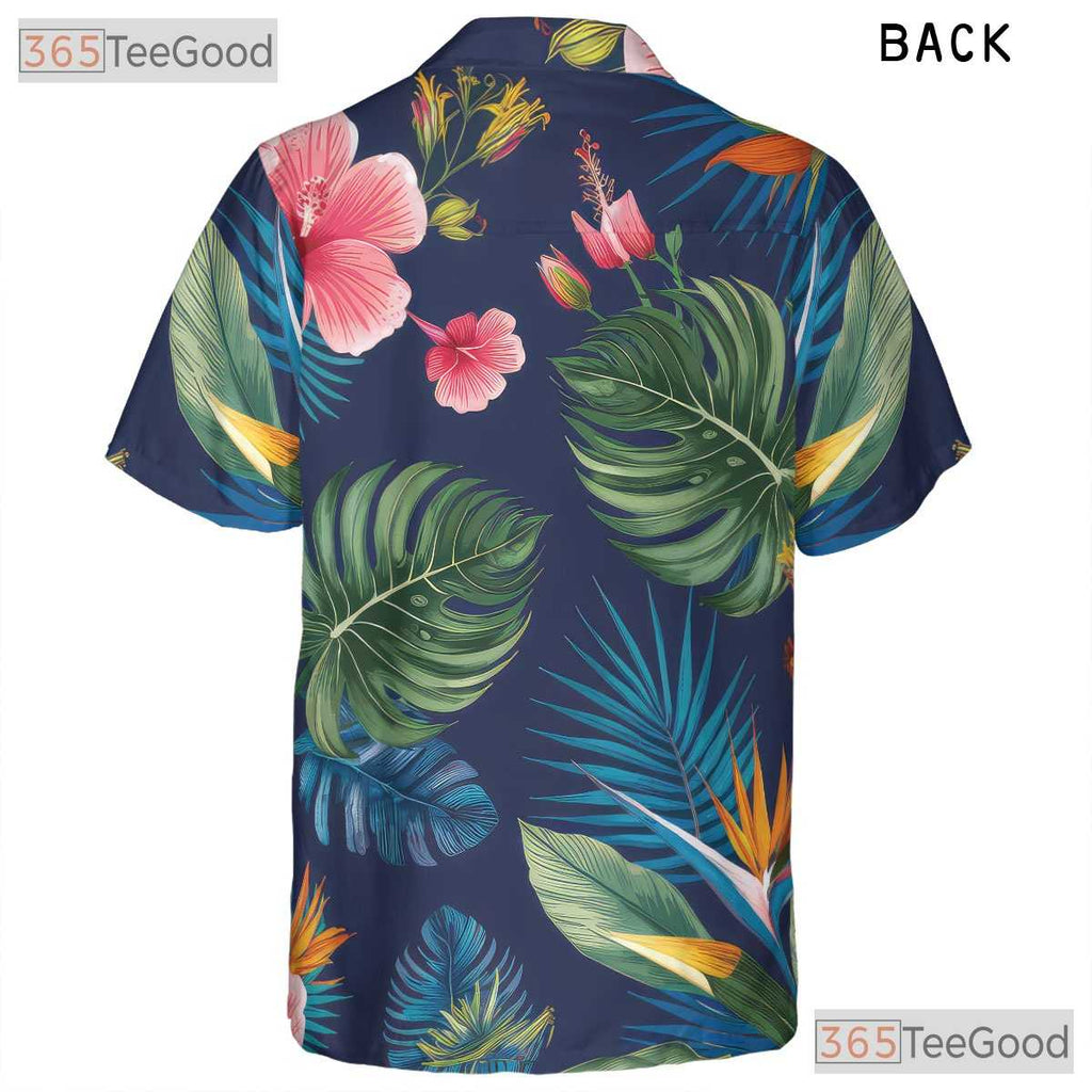 Navy Blue Tropical Hibiscus Monstera Aloha Hawaiian Shirt Men Women Vacation Top