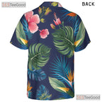 Navy Blue Tropical Hibiscus Monstera Aloha Hawaiian Shirt Men Women Vacation Top
