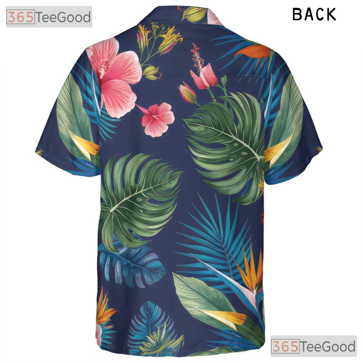 Navy Blue Tropical Hibiscus Monstera Aloha Hawaiian Shirt Men Women Vacation Top