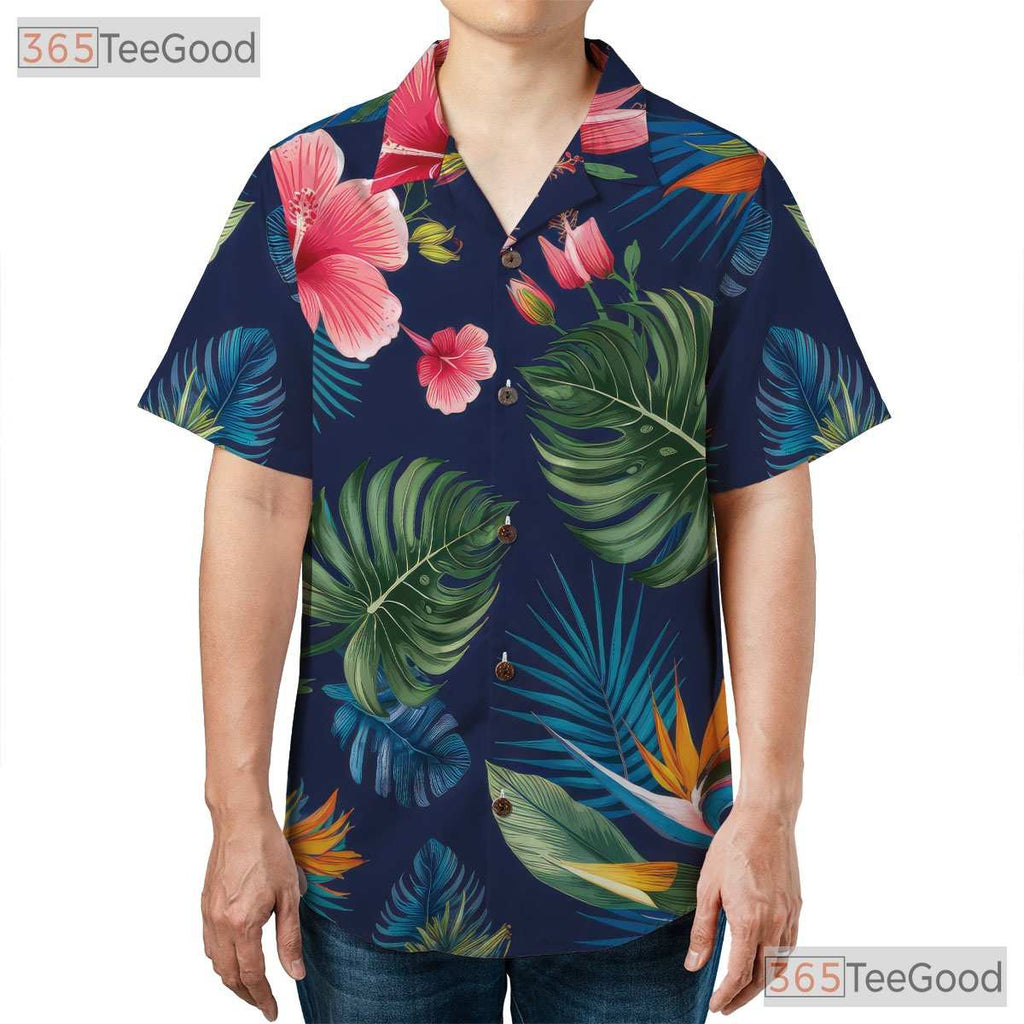 Navy Blue Tropical Hibiscus Monstera Aloha Hawaiian Shirt Men Women Vacation Top