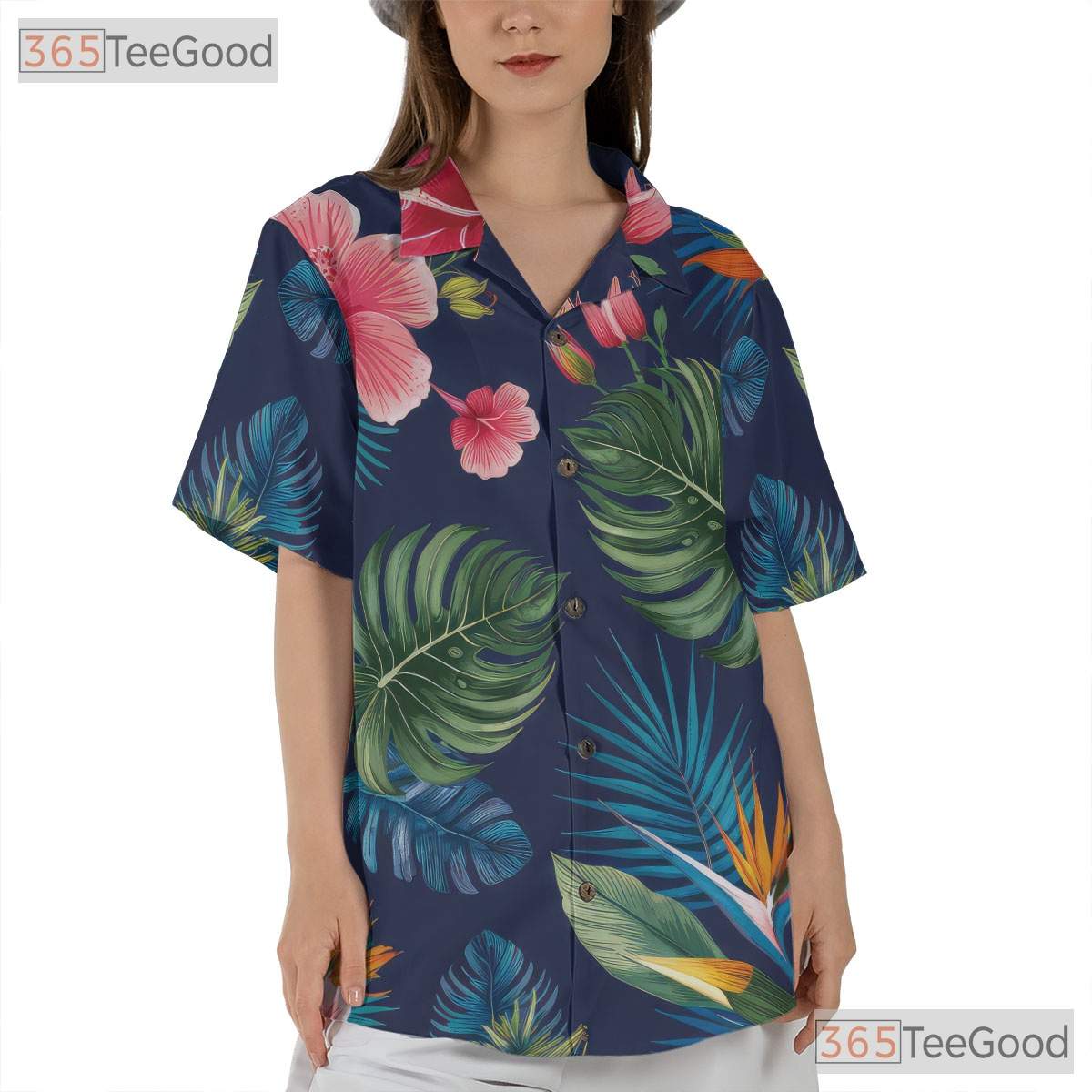 Navy Blue Tropical Hibiscus Monstera Aloha Hawaiian Shirt Men Women Vacation Top