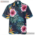 Navy Blue Tropical Hibiscus Monstera Beachwear Hawaiian Tee Unisex Summer Outfit