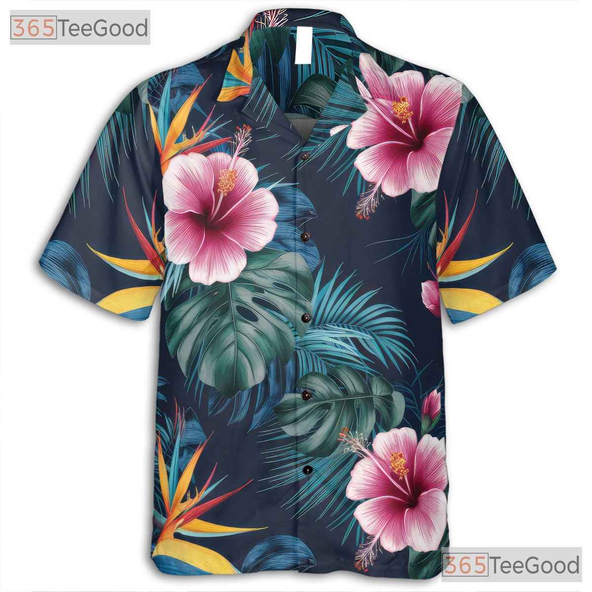 Navy Blue Tropical Hibiscus Monstera Beachwear Hawaiian Tee Unisex Summer Outfit