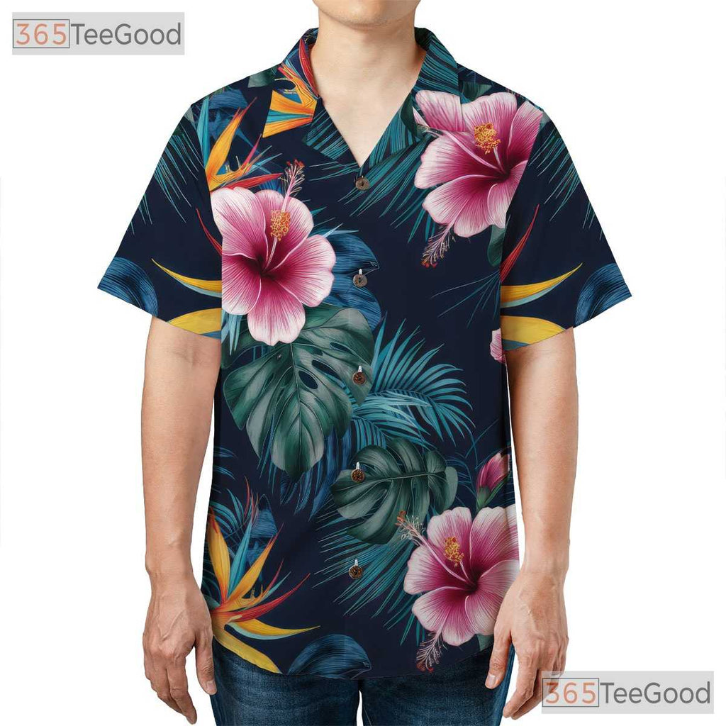 Navy Blue Tropical Hibiscus Monstera Beachwear Hawaiian Tee Unisex Summer Outfit