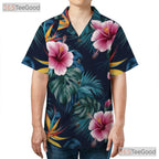 Navy Blue Tropical Hibiscus Monstera Beachwear Hawaiian Tee Unisex Summer Outfit