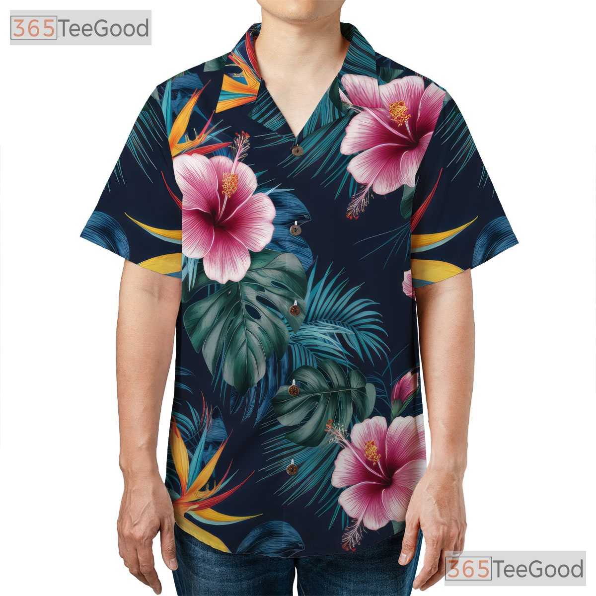 Navy Blue Tropical Hibiscus Monstera Beachwear Hawaiian Tee Unisex Summer Outfit