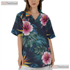Navy Blue Tropical Hibiscus Monstera Beachwear Hawaiian Tee Unisex Summer Outfit