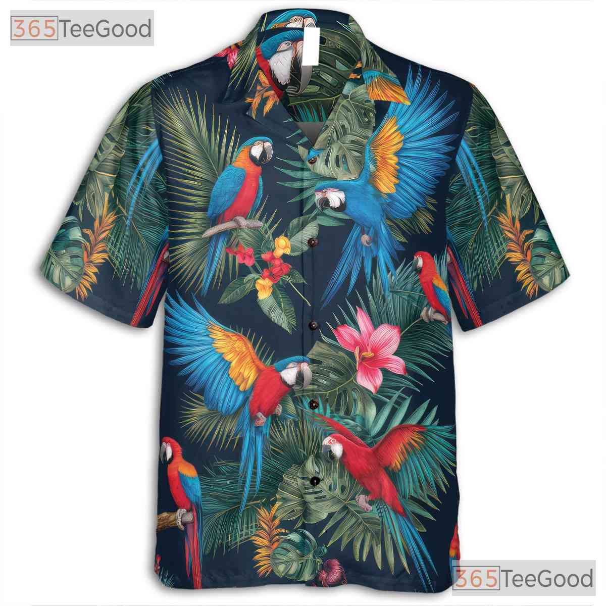 Navy Blue Tropical Parrots Floral Hawaiian Shirt Men Women Summer Beachwear