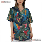 Navy Blue Tropical Parrots Floral Hawaiian Shirt Men Women Summer Beachwear