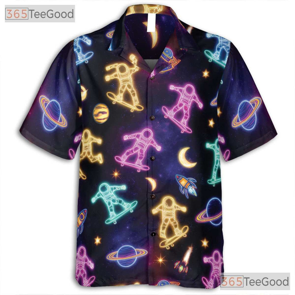 Neon Astronaut Skateboarding Hawaiian Tee- Unisex Space Planet Galaxy Top