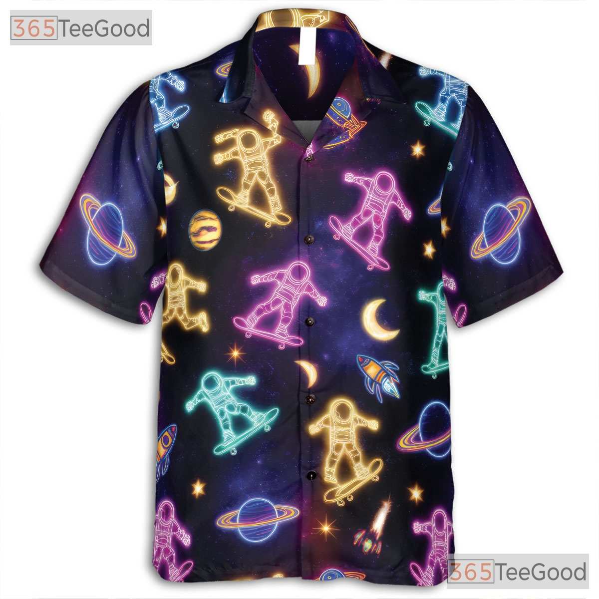 Neon Astronaut Skateboarding Hawaiian Tee- Unisex Space Planet Galaxy Top