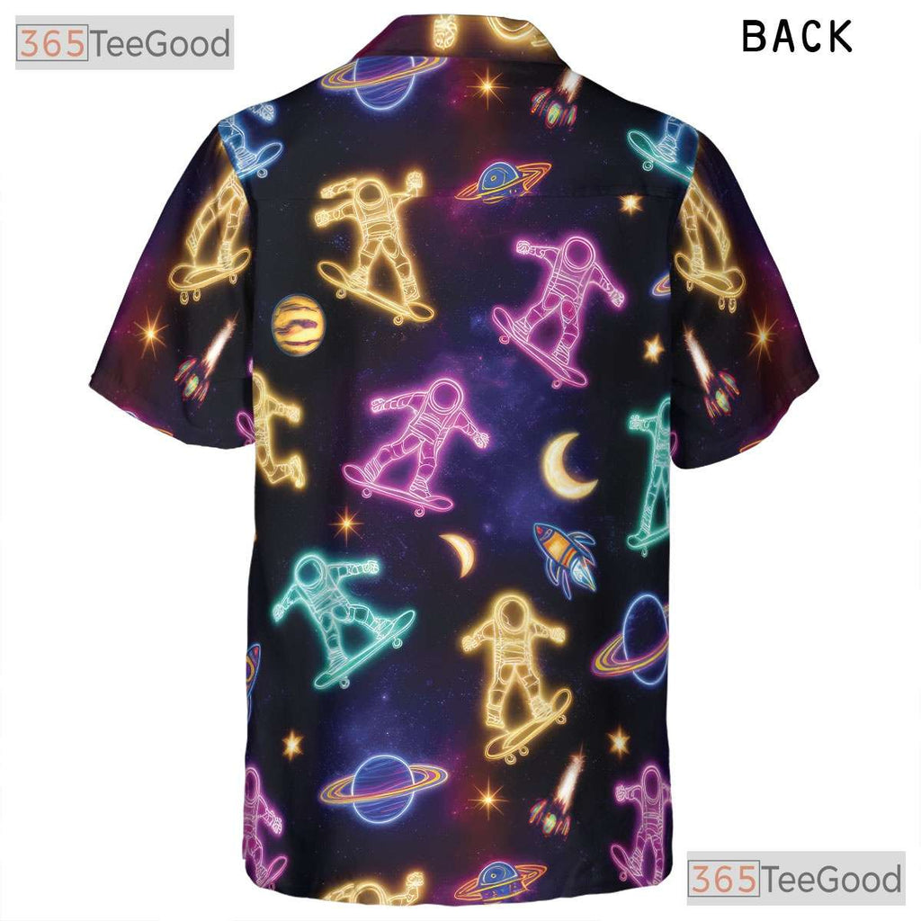 Neon Astronaut Skateboarding Hawaiian Tee- Unisex Space Planet Galaxy Top