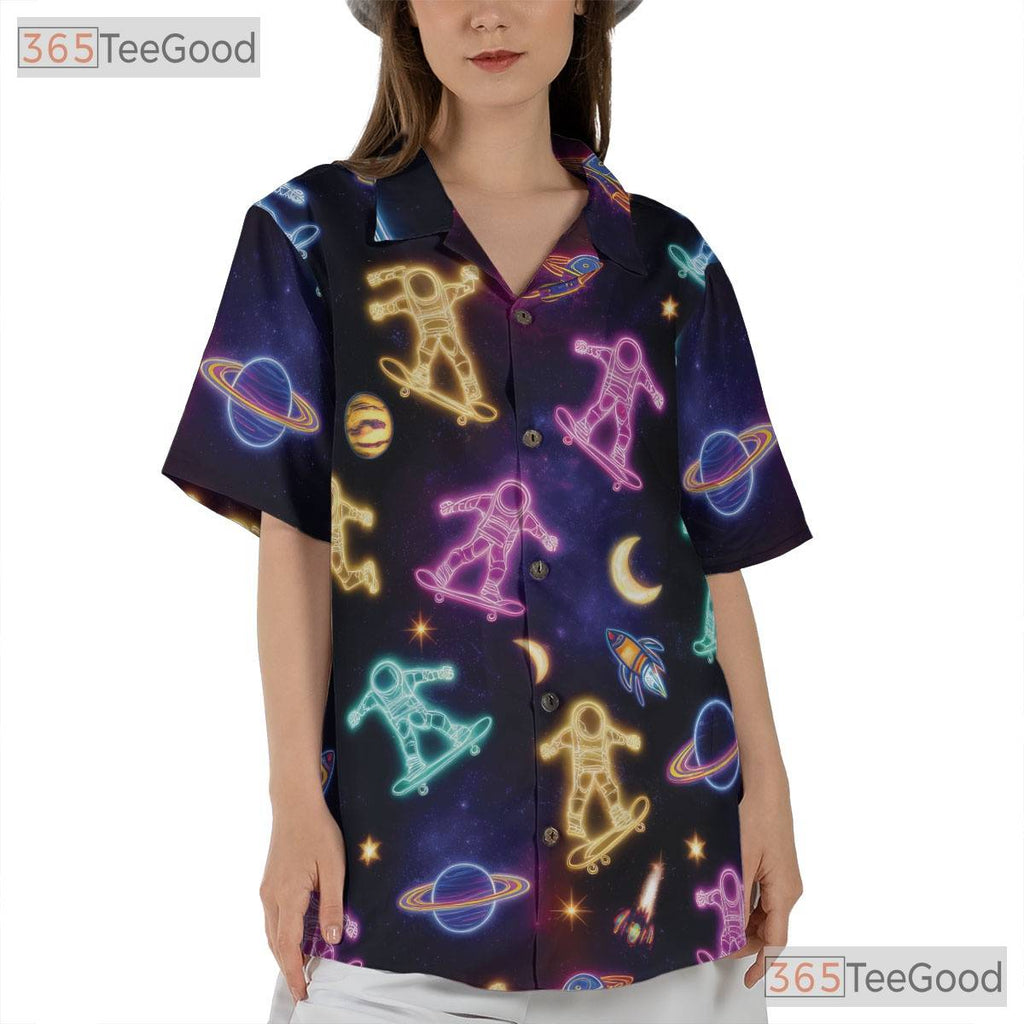 Neon Astronaut Skateboarding Hawaiian Tee- Unisex Space Planet Galaxy Top
