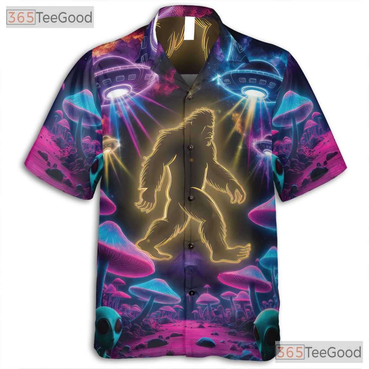 Neon Bigfoot UFO Hawaiian Shirt for Men - Psychedelic Mushroom Party Tee