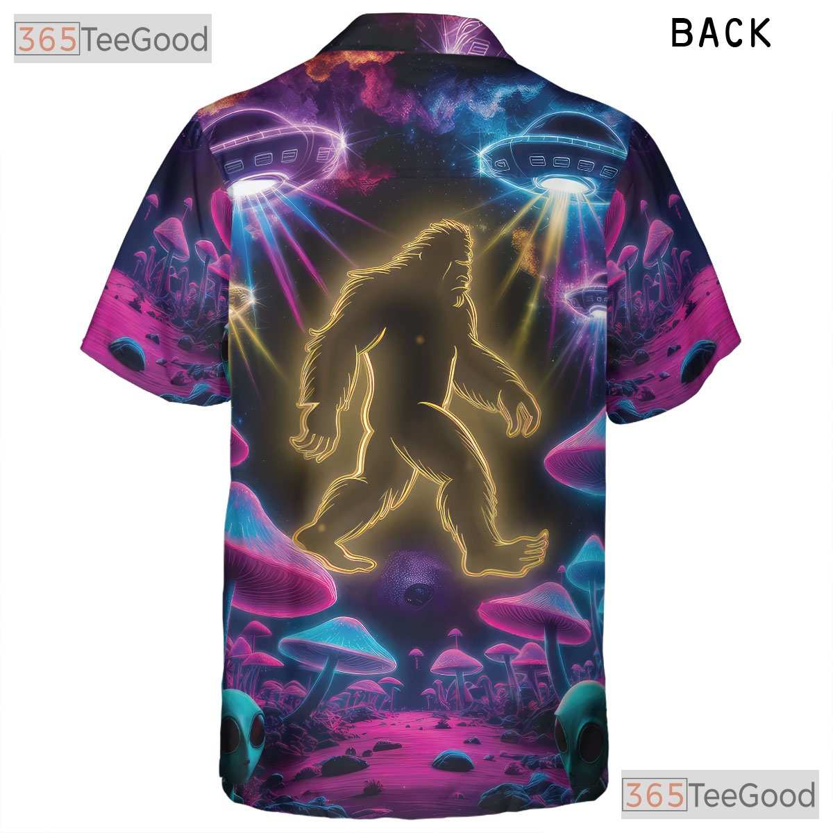 Neon Bigfoot UFO Hawaiian Shirt for Men - Psychedelic Mushroom Party Tee