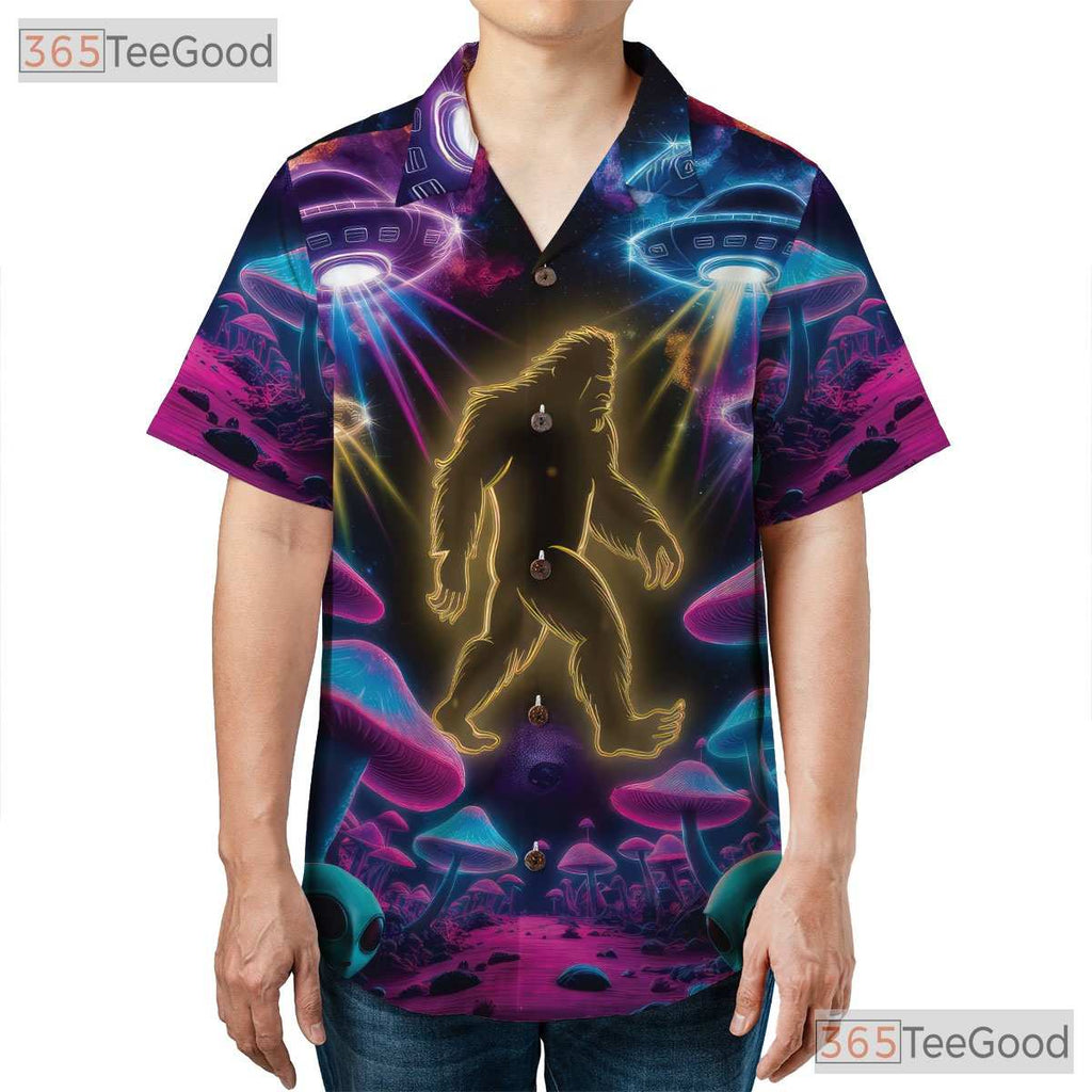 Neon Bigfoot UFO Hawaiian Shirt for Men - Psychedelic Mushroom Party Tee