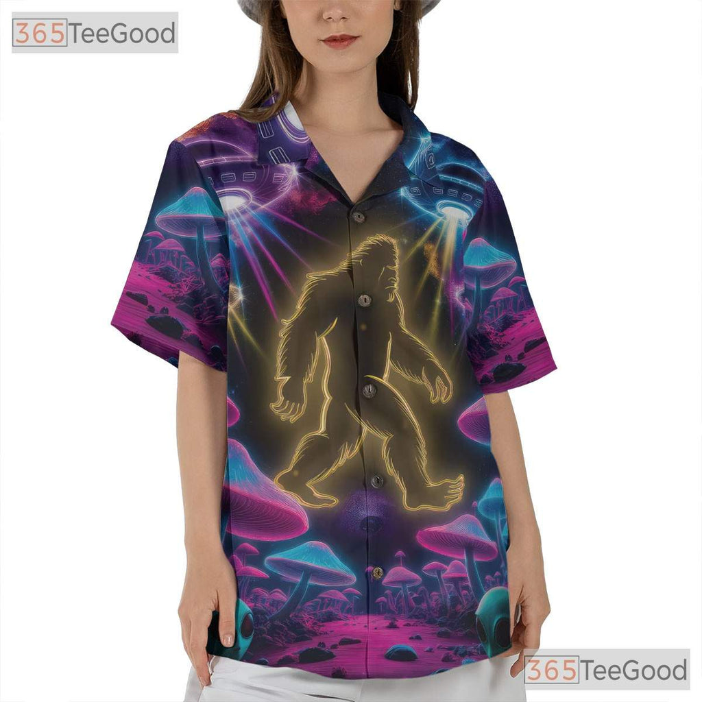 Neon Bigfoot UFO Hawaiian Shirt for Men - Psychedelic Mushroom Party Tee