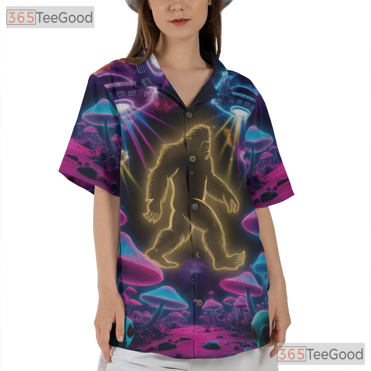 Neon Bigfoot UFO Hawaiian Shirt for Men - Psychedelic Mushroom Party Tee